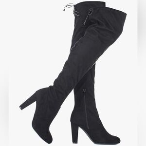 Faux Suede Thigh High Stretch Boot - block heel , over the knee